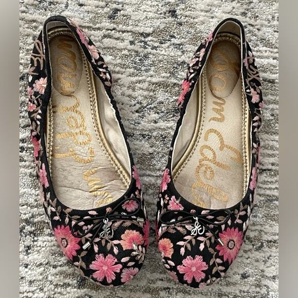 Sam Edelman Black and Pink Floral Flats Size 8.5 EUC - Picture 1 of 7